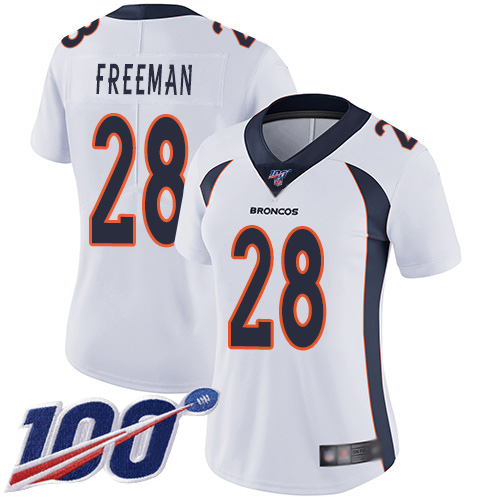 Nike Broncos #28 Royce Freeman White Women's Stitched NFL 100th Season Vapor Limited Jersey