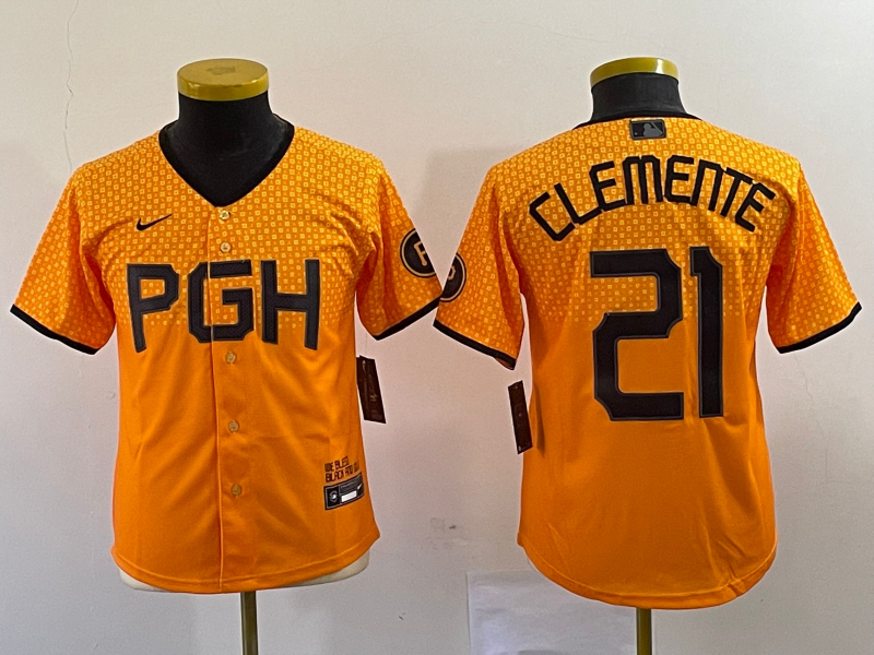 Youth Pittsburgh Pirates #21 Roberto Clemente Yellow 2023 City Connect Stitched Jersey