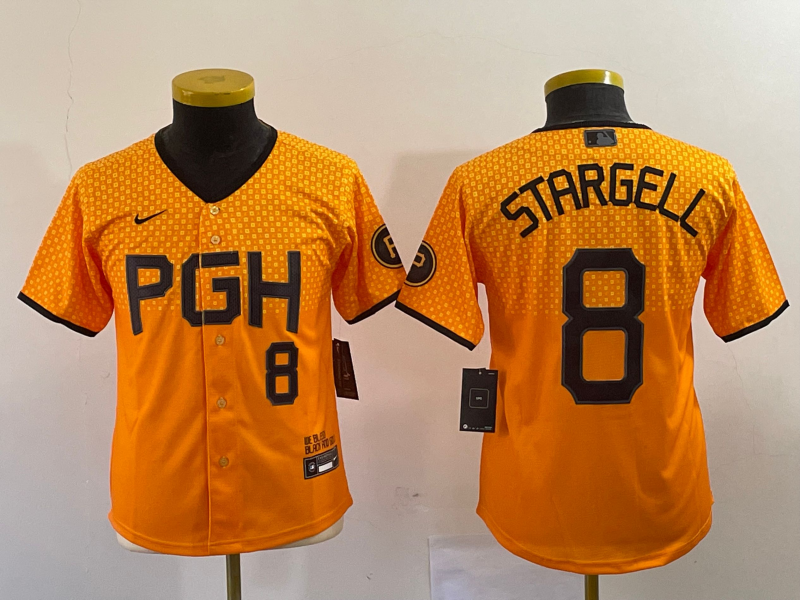 Youth Pittsburgh Pirates #8 Willie Stargell Number Yellow 2023 City Connect Stitched Jersey2