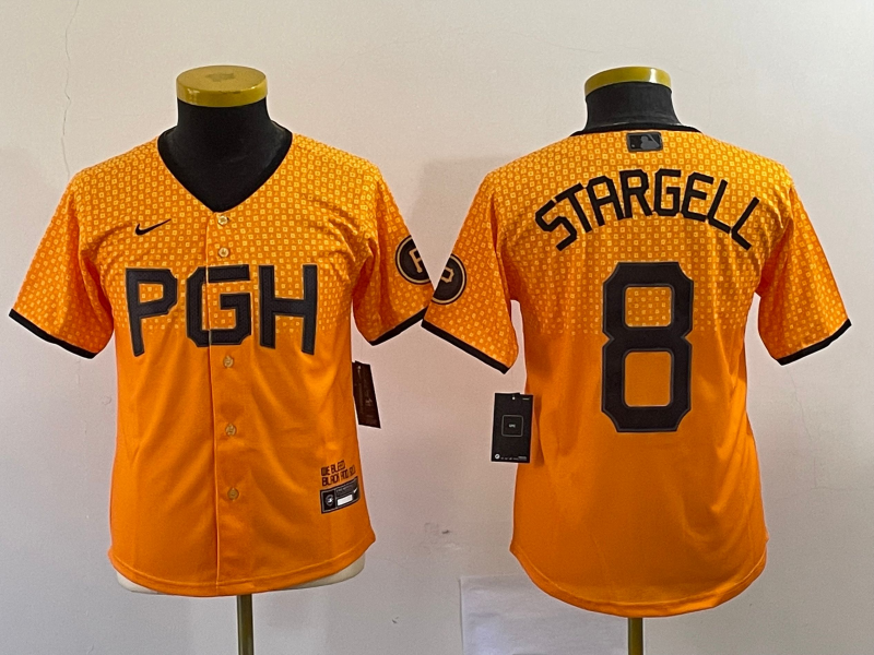 Youth Pittsburgh Pirates #8 Willie Stargell Number Yellow 2023 City Connect Stitched Jersey4