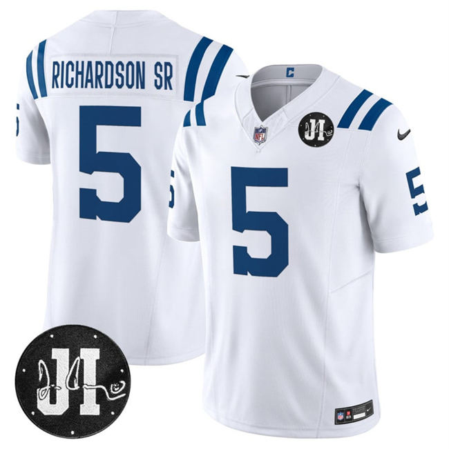 Men's Indianapolis Colts #5 Anthony Richardson White 2025 F.U.S.E. Jim Irsay Patch Vapor Limited Football Stitched Jersey