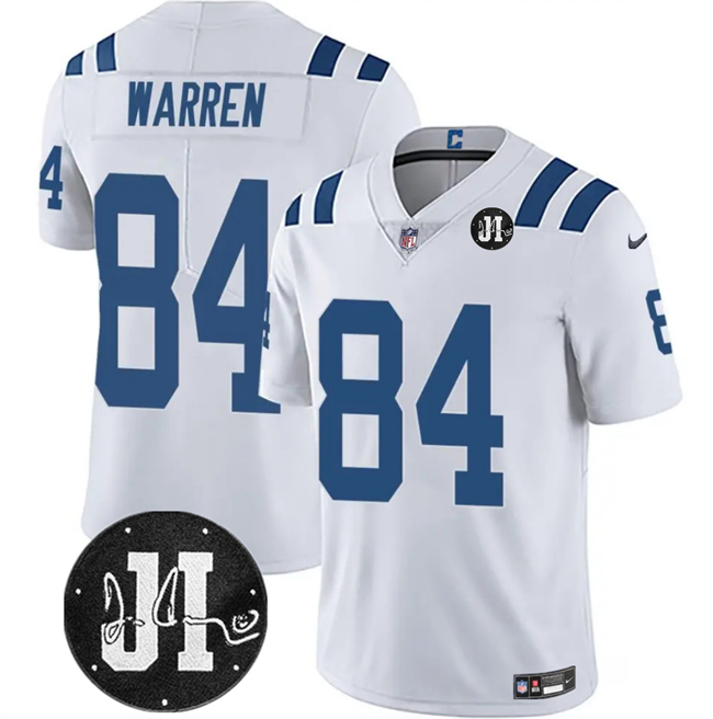Men's Indianapolis Colts #84 Tyler Warren White Jim Irsay Patch Vapor Limited Football Stitched Jersey