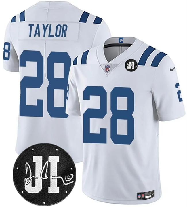 Men's Indianapolis Colts #28 Jonathan Taylor White Jim Irsay Patch Vapor Limited Football Stitched Jersey