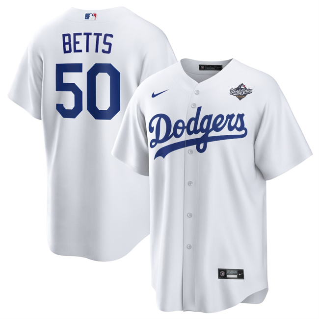 Men's Los Angeles Dodgers #50 Mookie Betts White 2025 World Series Home Cool Base Stitched Baseball Jersey