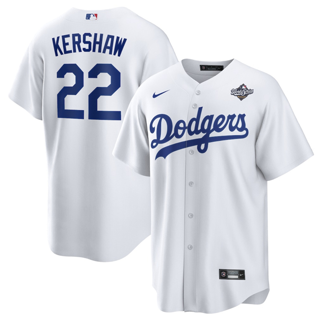 Men's Los Angeles Dodgers #22 Clayton Kershaw White 2025 World Series Home Cool Base Stitched Baseball Jersey