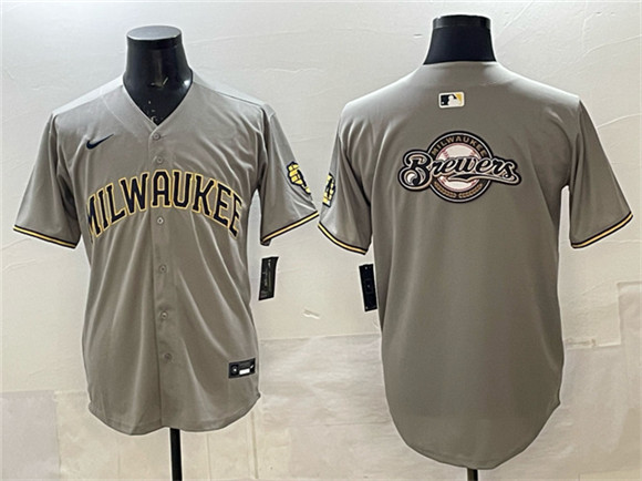 Men's Milwaukee Brewers Team Big Logo Gray Home Limited Stitched Jersey