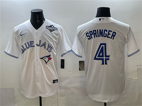 Men's Toronto Blue Jays #4 George Springer White 2025 World Series Home Cool Base Stitched Baseball Jersey
