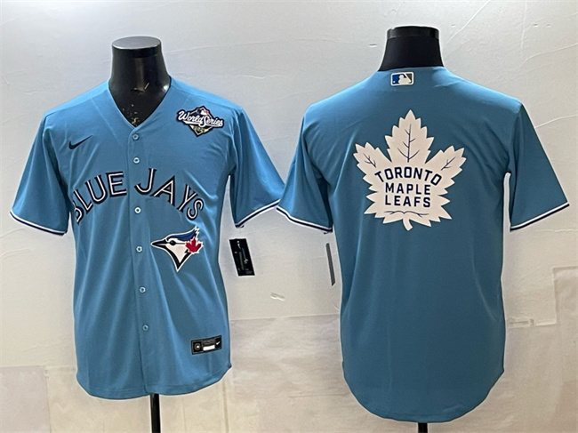 Men's Toronto Blue Jays & Leafs Blue 2025 World Series With White Leafs Logo Cool Base Stitched Baseball Jersey