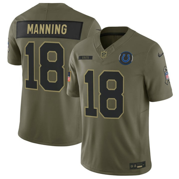 Men's Indianapolis Colts #18 Peyton Manning Olive 2025 Salute to Service Limited Football Stitched Jersey