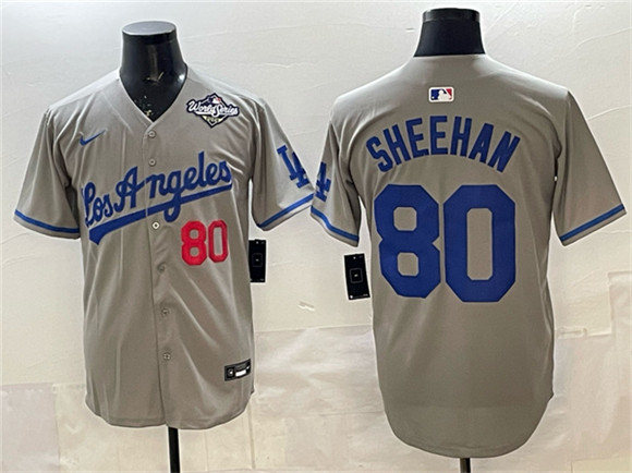 Men's Los Angeles Dodgers #80 Emmet Sheehan Gray 2025 World Series Patch Limited Stitched Baseball Jersey