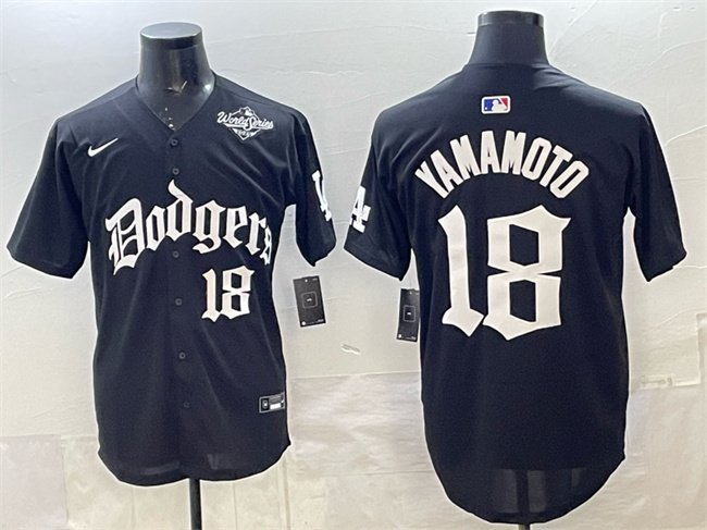 Men's Los Angeles Dodgers #18 Yoshinobu Yamamoto Black 2025 LA Gothic Style With 2025 World Series Patch Vapor Premier Limited Stitched Baseball Jersey