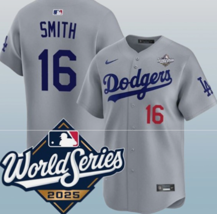 Men's Los Angeles Dodgers #16 Will Smith Gray 2025 World Series Limited Stitched Baseball Jersey