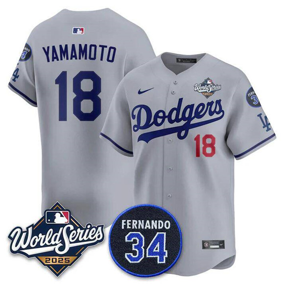 Men's Los Angeles Dodgers #18 Yoshinobu Yamamoto Gray 2025 World Series With No. 34 Patch Limited Stitched Jersey