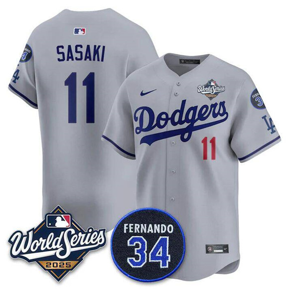 Men's Los Angeles Dodgers #11 Rōki Sasaki Gray 2025 World Series With No. 34 Patch Limited Stitched Jersey