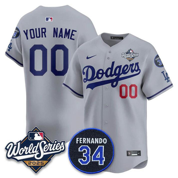 Men's Los Angeles Dodgers ACTIVE PLAYER Custom Gray 2025 World Series With No. 34 Patch Limited Stitched Jersey