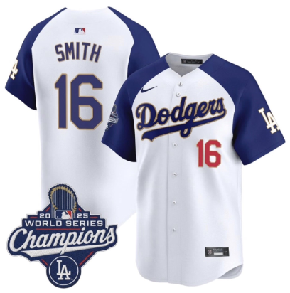 Men's Los Angeles Dodgers #16 Will Smith White Blue 2025 Champions Stitched Baseball Jersey