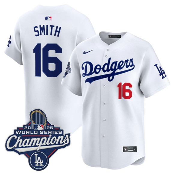 Men's Los Angeles Dodgers #16 Will Smith White 2025 Champions Stitched Baseball Jersey