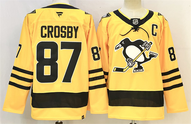 Men's Pittsburgh Penguins #87 Sidney Crosby Gold 2025-26 With C Patch Alternate Stitched Hockey Jersey
