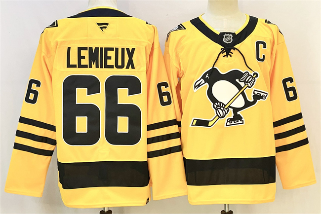 Men's Pittsburgh Penguins #66 Mario Lemieux Gold 2025-26 With C Patch Alternate Stitched Hockey Jersey