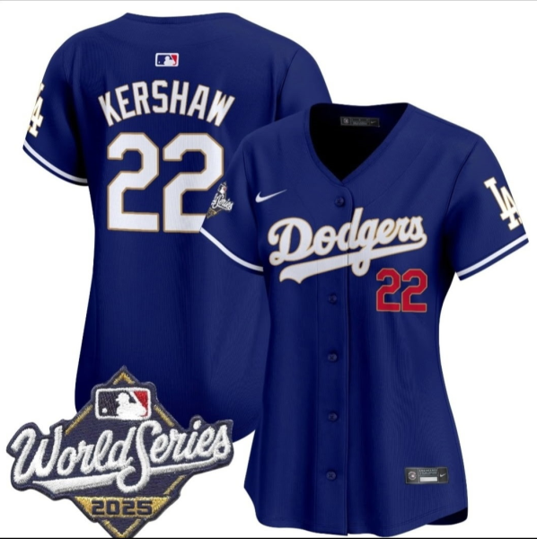 Women's Los Angeles Dodgers #22 Clayton Kershaw Royal 2025 World Series Limited Stitched Baseball Jersey(Run Small)