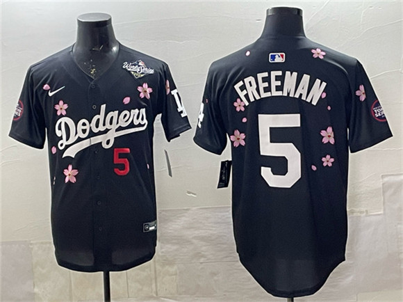Men's Los Angeles Dodgers #5 Freddie Freeman Black 2025 World Series Patch Tokyo Series Limited Stitched Baseball Jersey