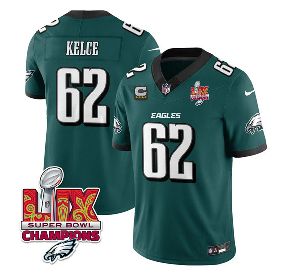 Men's Philadelphia Eagles #62 Jason Kelce Green 2025 Eagles Logo Super Bowl LIX Patch And 4-Star C Patch New F.U.S.E. Vapor Limited Football Stitched Jersey