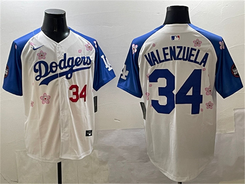 Men's Los Angeles Dodgers #34 Fernando Valenzuela White Royal 2025 Tokyo Series Limited Stitched Baseball Jersey