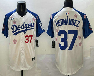 Men's Los Angeles Dodgers #37 Teoscar Hernandez White Royal 2025 Tokyo Series Limited Stitched Jersey