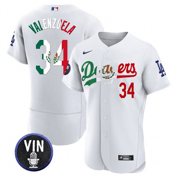 Men's Los Angeles Dodgers #34 Fernando Valenzuela White Mexico Special Vin Scully Patch Flex Base Stitched Baseball Jersey