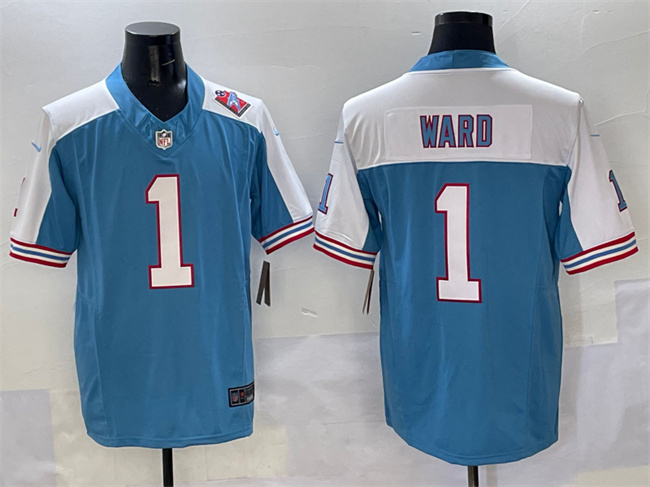 Men's Tennessee Titans #1 Cameron Ward Blue White 2025 Draft F.U.S.E. 1997 Throwback Patch Vapor Limited Football Stitched Jersey