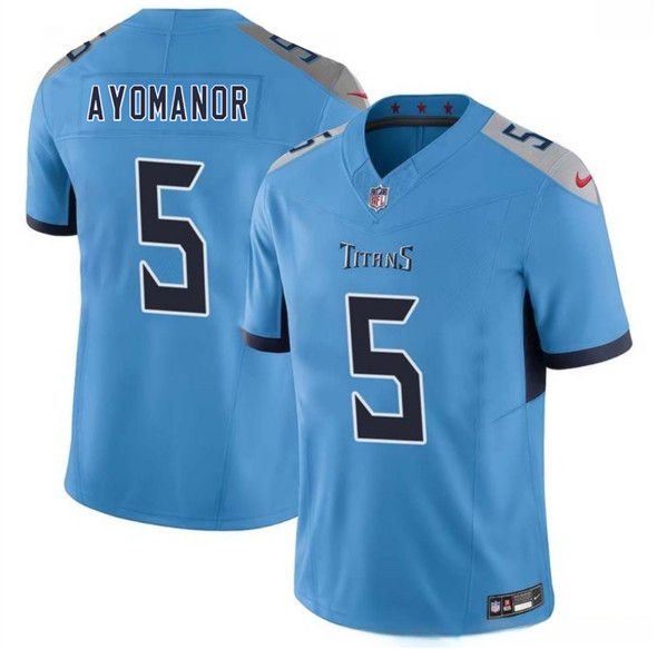 Men's Tennessee Titans #5 Elic Ayomanor Blue 2025 Draft F.U.S.E. Vapor Limited Football Stitched Jersey