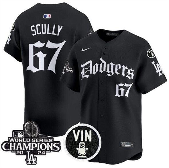 Men's Los Angeles Dodgers #67 Vin Scully Black Mexico 2025 LA Gothic Style With Vin And 2024 World Series Champions Patch Vapor Premier Limited Stitched Baseball Jersey