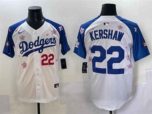 Men's Los Angeles Dodgers #22 Clayton Kershaw White Royal 2025 Tokyo Series Limited Stitched Baseball Jersey