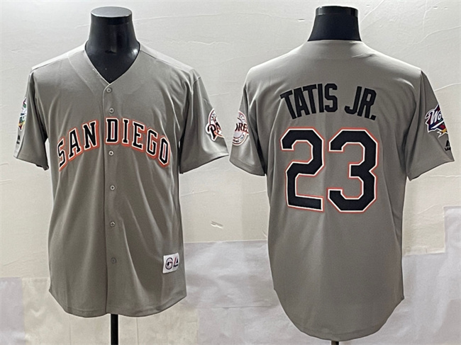 Men's San Diego Padres #23 Fernando Tatis Jr. Gray Fashion Throwback With Patch Cool Base Stitched Jersey