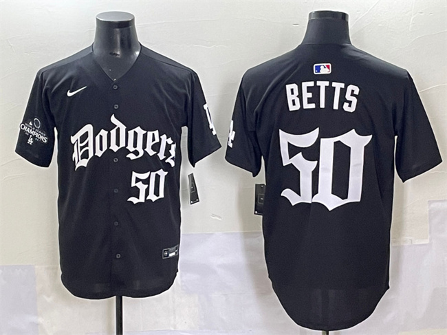 Men's Los Angeles Dodgers #50 Mookie Betts Black 2025 LA Gothic Style With 2024 World Series Champions Patch Vapor Premier Limited Stitched Baseball Jersey
