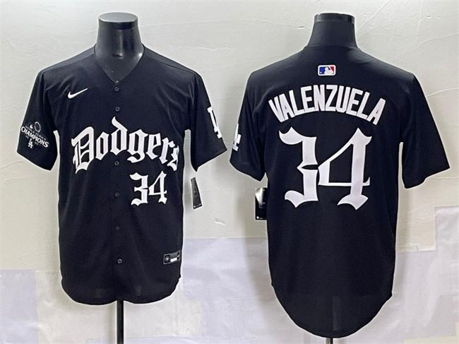Men's Los Angeles Dodgers #34 Fernando Valenzuela Black 2025 LA Gothic Style With 2024 World Series Champions Patch Vapor Premier Limited Stitched Baseball Jersey