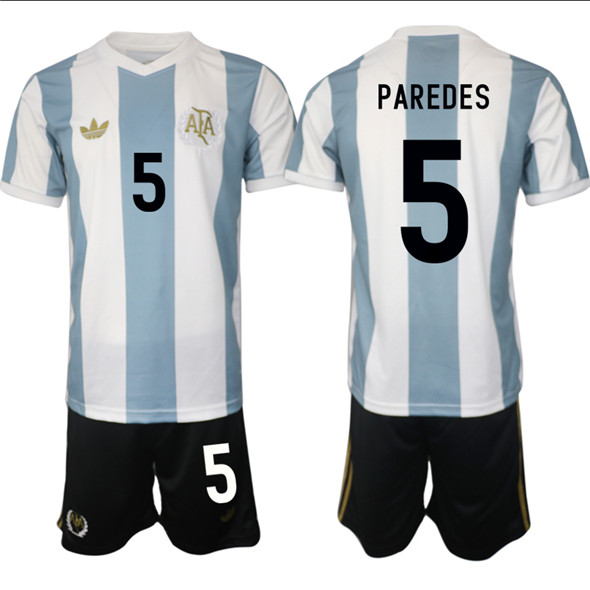 Men's Argentina #5 Leandro Paredes White Blue 2024-25 50th Anniversary Home Soccer Jersey Suit