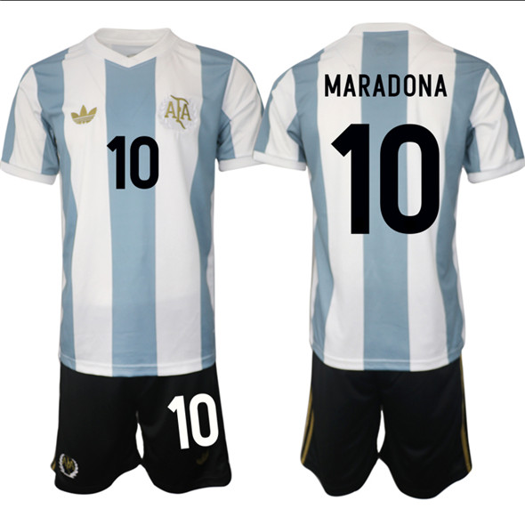 Men's Argentina #10 Diego Maradona White Blue 2024-25 50th Anniversary Home Soccer Jersey Suit