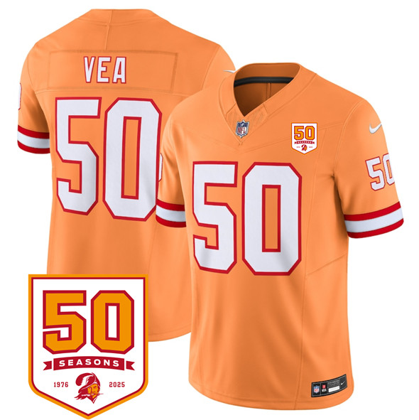 Men's Tampa Bay Buccaneers #50 Vita Vea Orange 2025 F.U.S.E. 50th Anniversary Patch Vapor Untouchable Limited Football Stitched Jersey