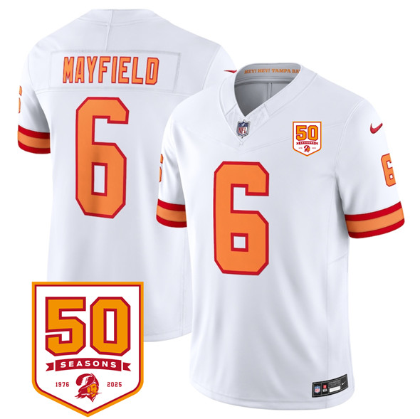 Men's Tampa Bay Buccaneers #6 Baker Mayfield White 2025 F.U.S.E. 50th Anniversary Patch Vapor Untouchable Limited Football Stitched Jersey