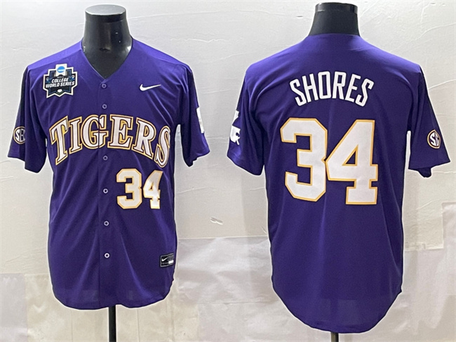 Men's LSU Tigers #34 Chase Shores Purple 2025 World Series & SEC Patch Stitched Baseball Jersey