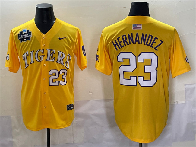 Men's LSU Tigers #23 Luis Hernandez Gold 2025 World Series & SEC Patch Stitched Baseball Jersey