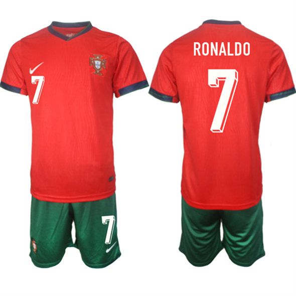 Youth Portugal Team #7 Ronaldo 2024-25 Red Home Soccer Jersey Suit