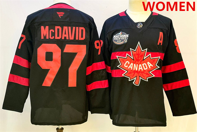 Women's Canada #97 Connor McDavid Black 2025 4 Nations Face-Off Premium With A Patch Stitched Jersey