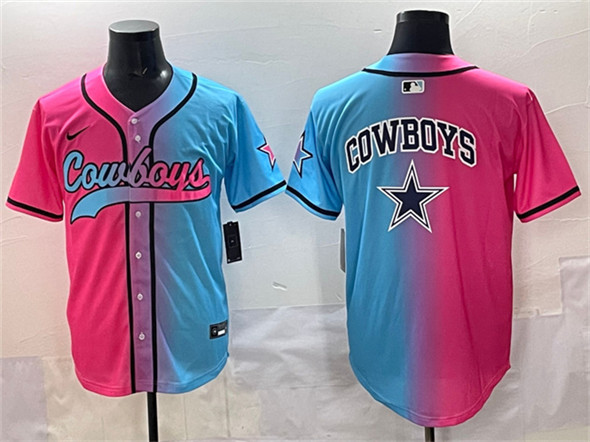 Men's Dallas Cowboys Team Big Logo Pink Blue Limited Stitched Baseball Jersey