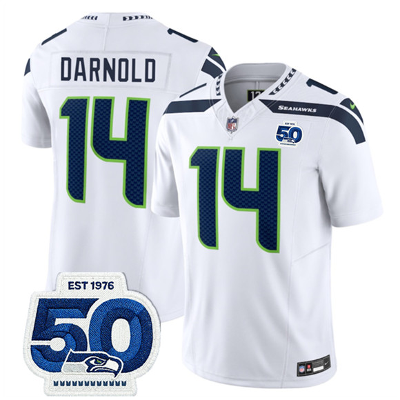 Men's Seattle Seahawks #14 Sam Darnold White 2025 F.U.S.E. 50th Anniversary Patch Vapor Limited Football Stitched Jersey