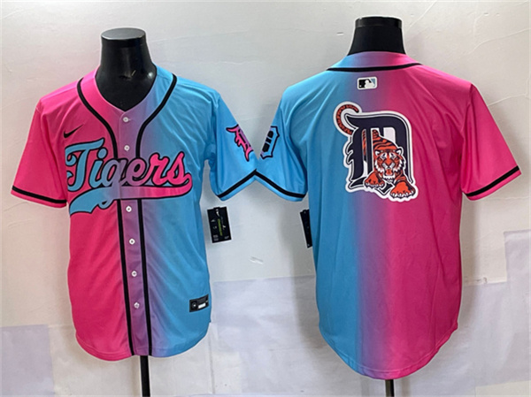 Men's Detroit Tigers Team Big Logo Pink Blue Limited Stitched Baseball Jersey