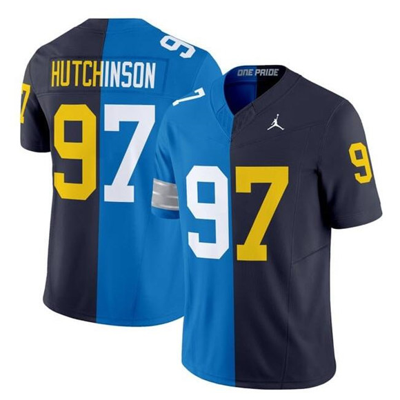 Men's Detroit Lions #97 Aidan Hutchinson Blue Navy Split F.U.S.E. Vapor Limited Football Stitched Jersey