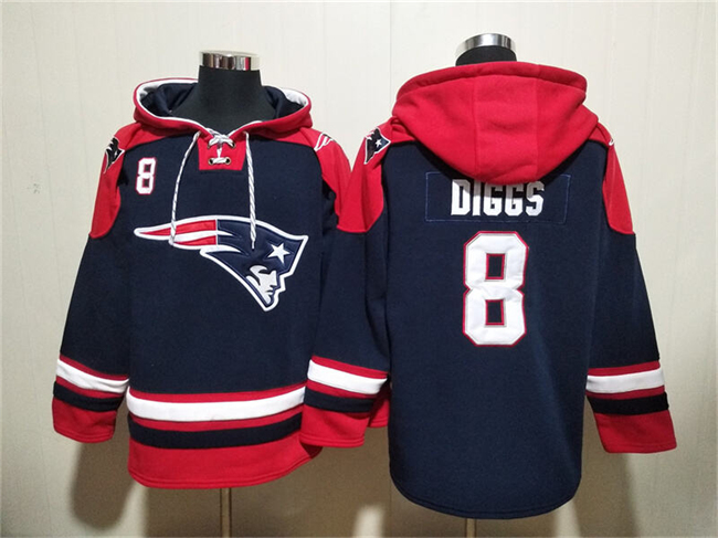 Men's New England Patriots #8 Stefon Diggs Navy Ageless Must-Have Lace-Up Pullover Hoodie