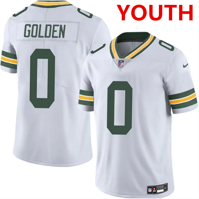 Youth Green Bay Packers #0 matthew golden white 2025 vapor untouchable limited stitched football jersey